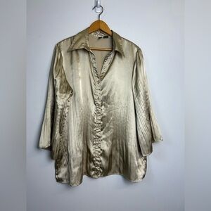 VTG Y2K Serenade Elegant Satin Blouse in Shimmering Gold Button Down Plus Sz  1X